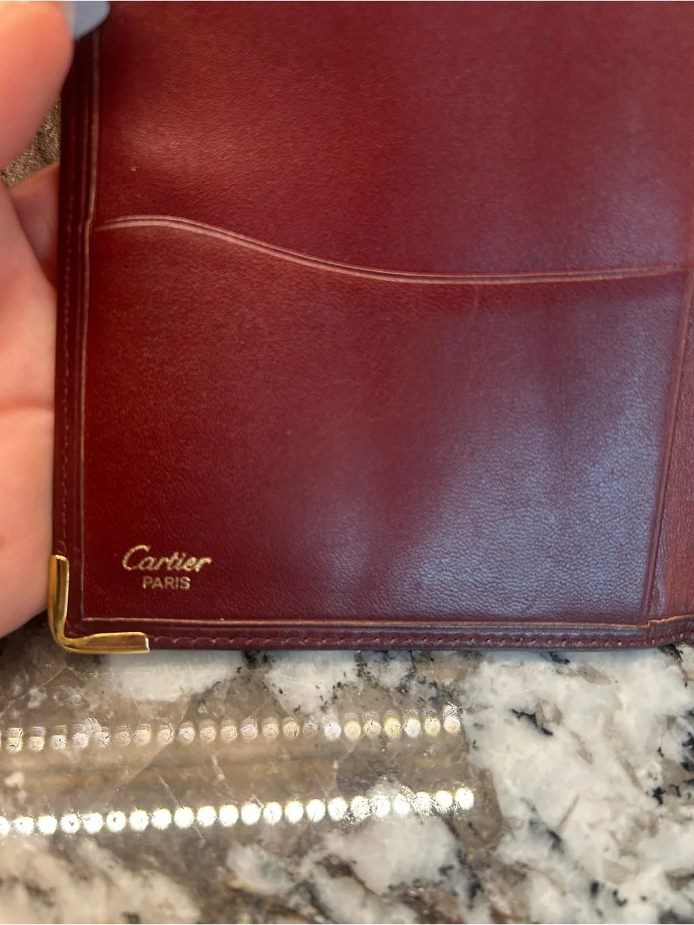 Cartier Burgundy Leather Money Clip with Gold Corner Accents